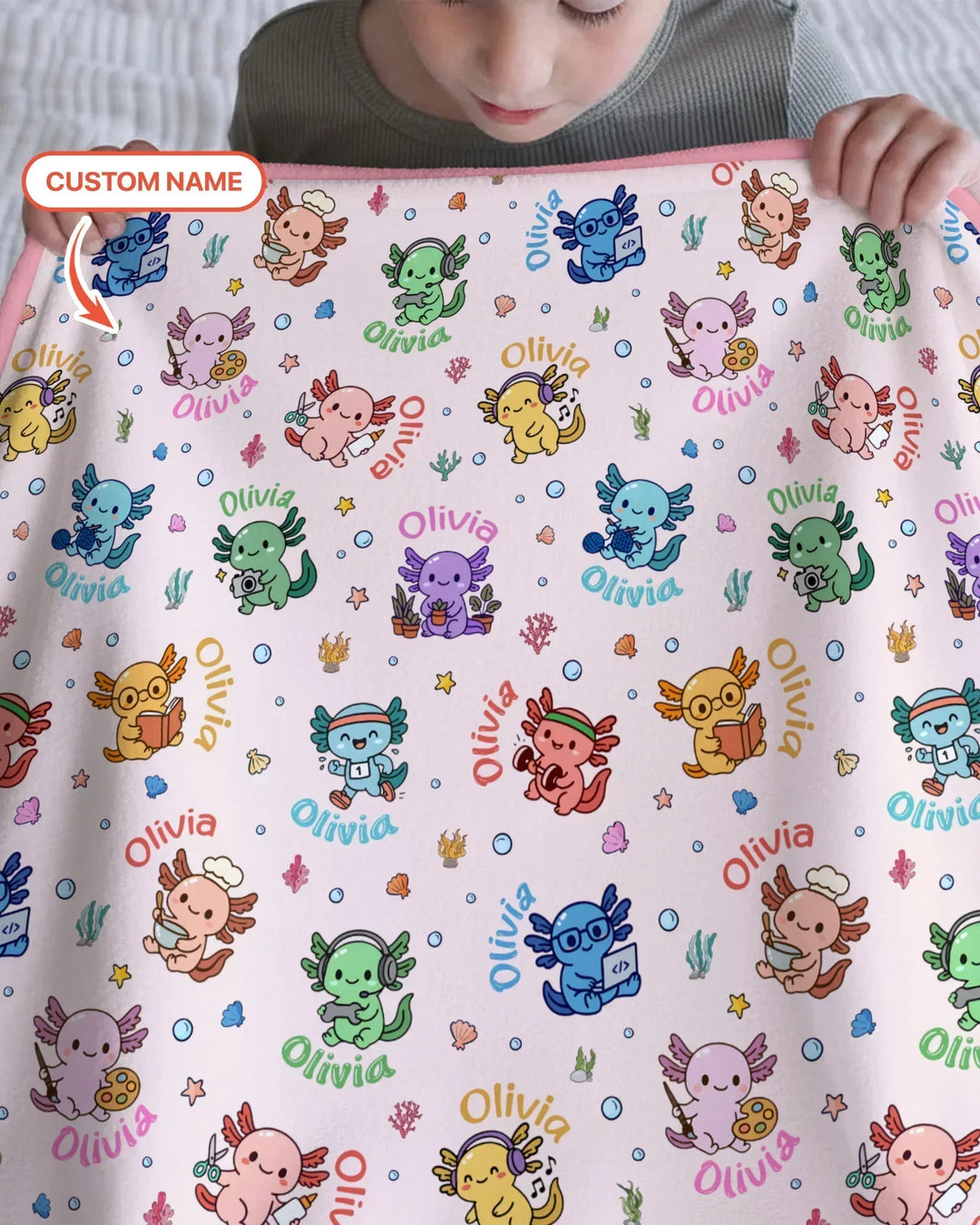 Custom Name Cute Hobby Axolotl Bamboo Blanket
