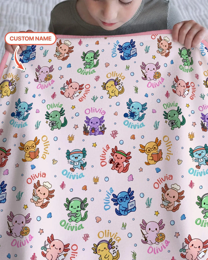 Custom Name Cute Hobby Axolotl Bamboo Blanket