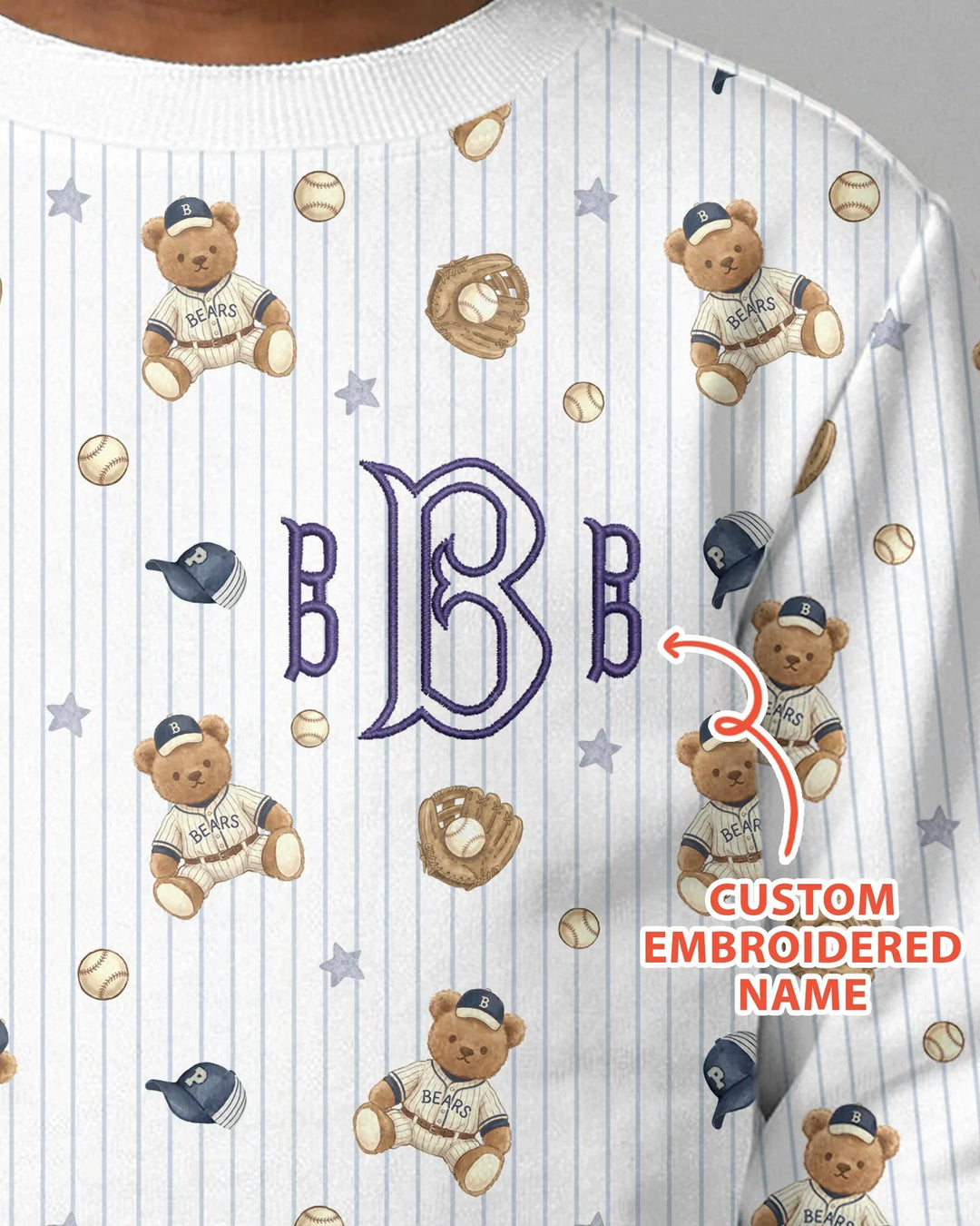 Personalized Embroidered Teddy Bear Baseball Baby Bamboo Crewneck Sweatshirt