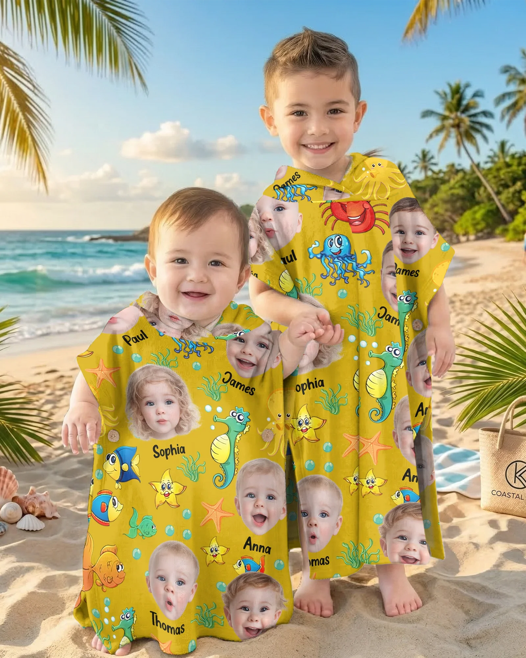 Custom Photo Cute Kid Face Watercolor Sea Creatures Summery Bamboo Swim Poncho