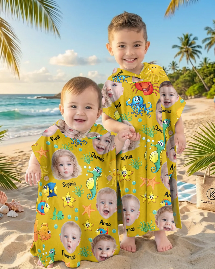 Custom Photo Cute Kid Face Watercolor Sea Creatures Summery Bamboo Swim Poncho