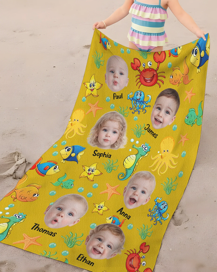 Custom Photo Cute Kid Face Watercolor Sea Creatures Summery Bamboo Beach Towel