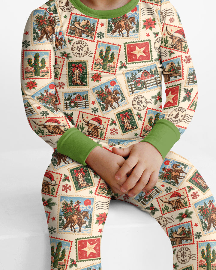 Western Christmas Stamps Bamboo Two Piece Long Sleeve Pajama Set