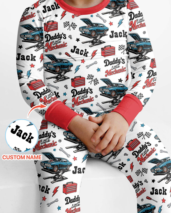 Custom Name Daddy's Little Mechanic Bamboo Two Piece Long Sleeve Pajama Set