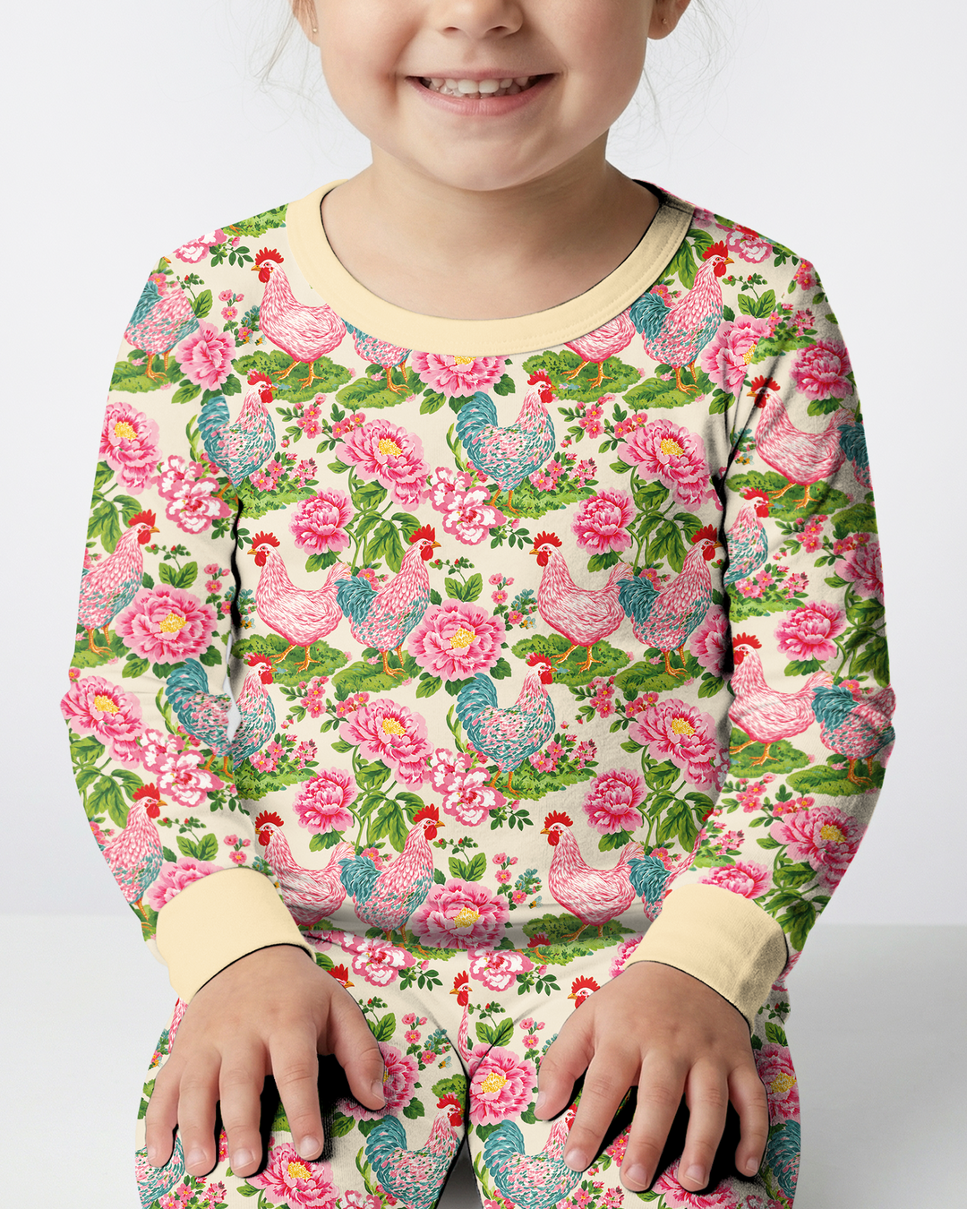 Chicken and Peony Mommy And Me Matching Bamboo Two Piece Long Sleeve Pajama Set