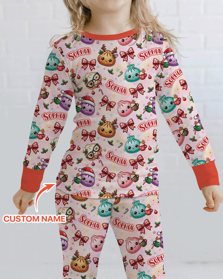 Custom Name Merry Christmas Dumpling Bamboo Two Piece Long Sleeve Pajama Set