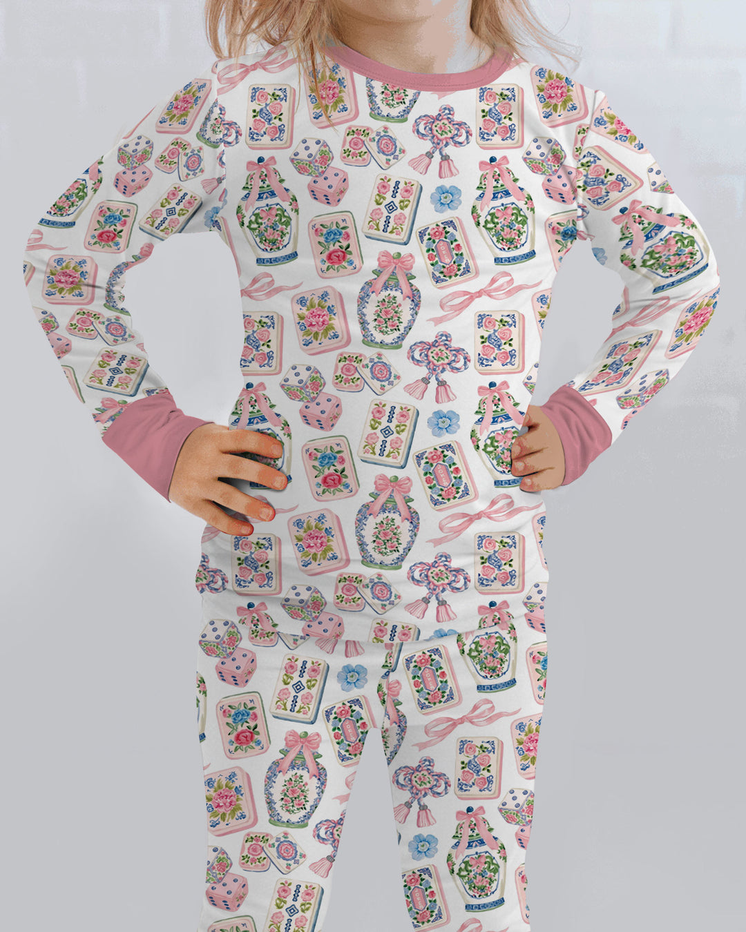Chinoiserie Mahjong Mommy & Me Matching Bamboo Two Piece Long Sleeve Pajama Set