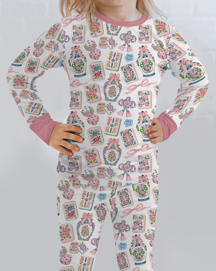 Chinoiserie Mahjong Mommy & Me Matching Bamboo Two Piece Long Sleeve Pajama Set