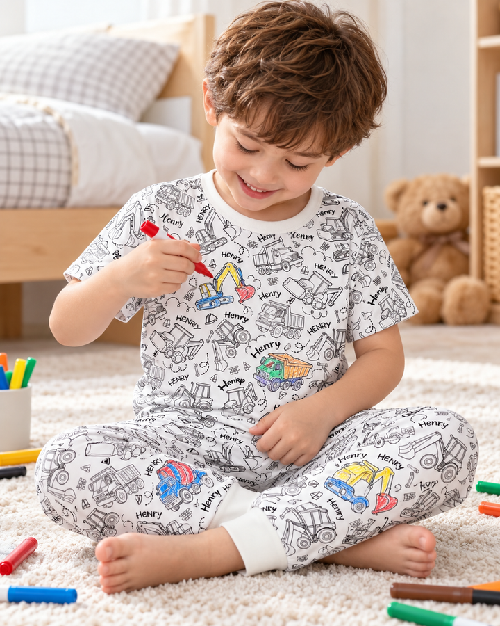 Construction Vehicules Custom Name Colorable Bamboo Two Piece Short Sleeve Pajama Set