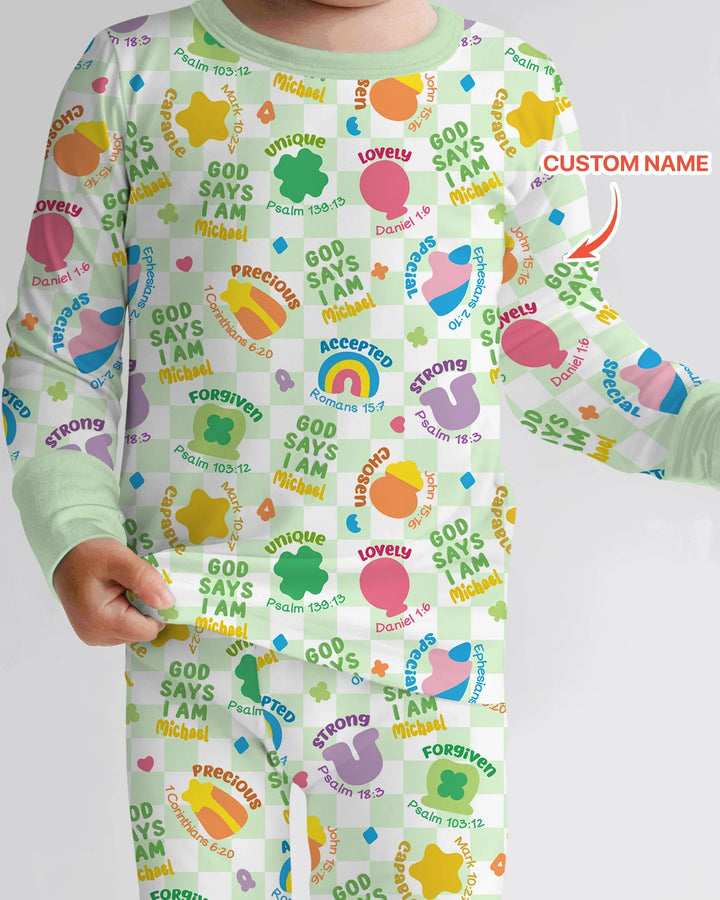 God Says I Am St. Patrick’s Day Custom Name Family Matching Bamboo Two Piece Long Sleeve Pajama Set