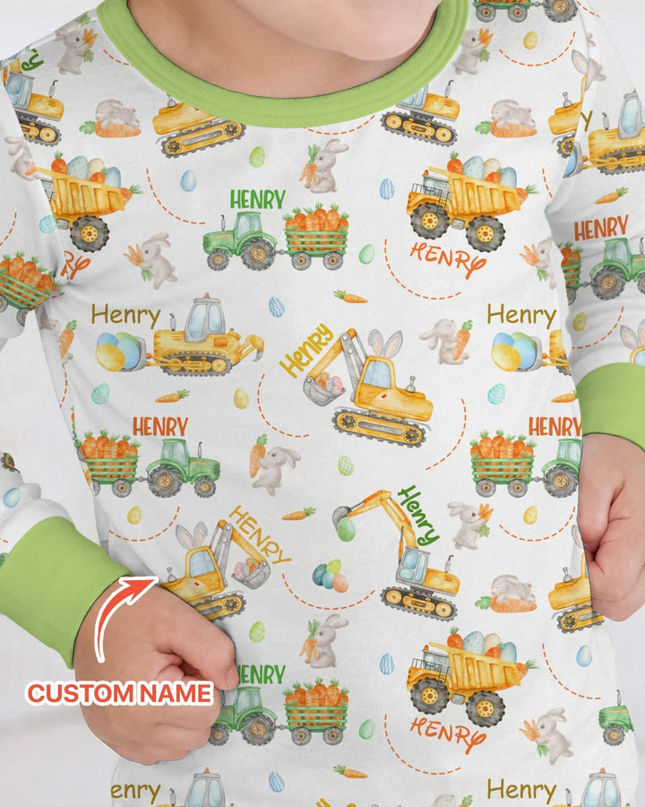 Easter Construction Vehicles Custom Name Bamboo Two Piece Long Sleeve Pajama Set