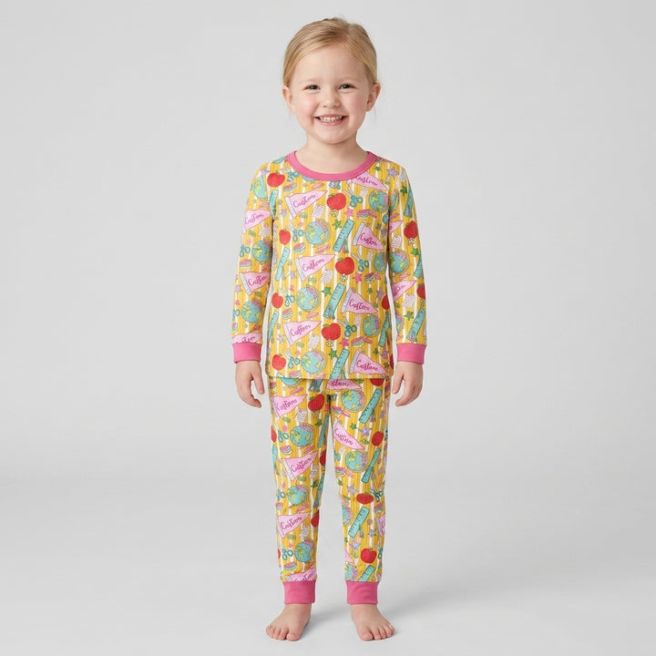 Custom Back To School Pennant Bamboo Two Piece Long Sleeve Pajama Set