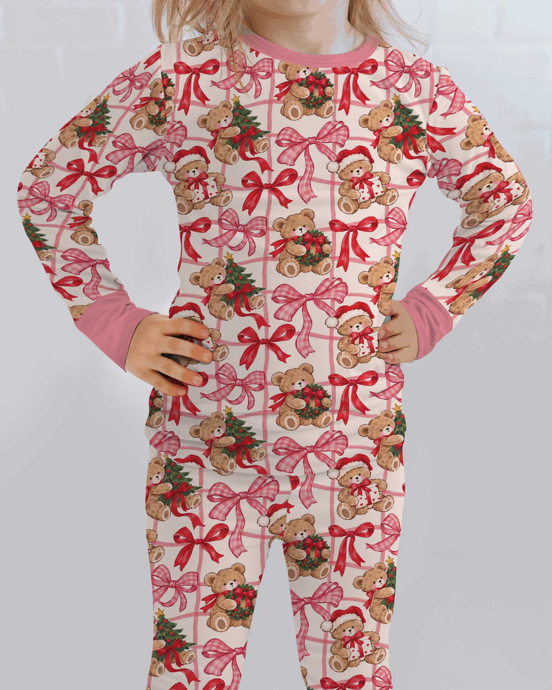 Pink Christmas Teddy Bear Plaid Mommy & Me Matching Bamboo Two Piece Long Sleeve Pajama Set