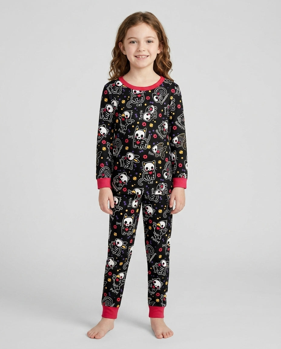 Kawaii Skeleton Pets Bamboo Two Piece Long Sleeve Pajama Set