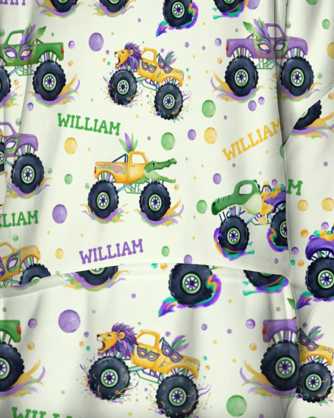 Custom Name Mardi Gras Monster Trucks Bamboo Blanket Hoodie