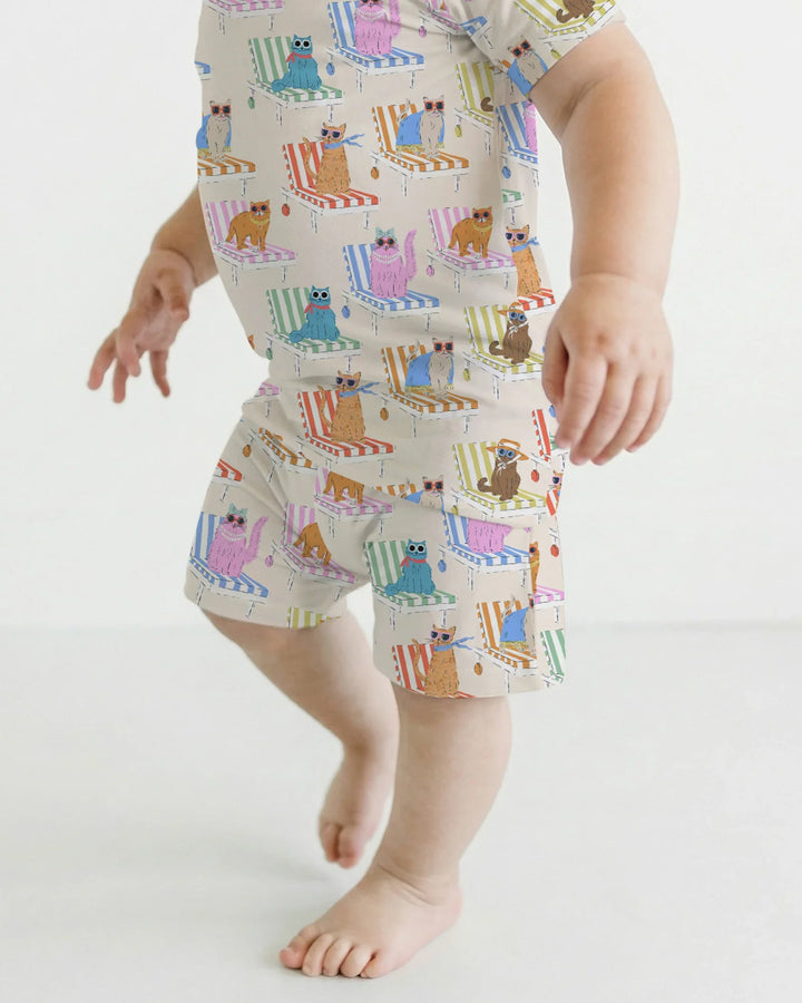 Meow Sunbathing Mommy & Me Matching Bamboo Two Piece Short Sleeve Shorts Pajama Set