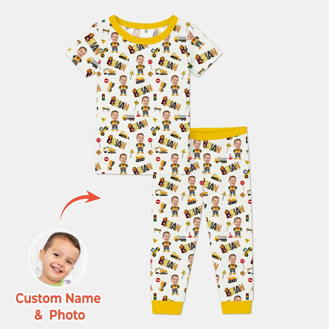 Custom Photo Doodle Little Builder Bamboo Two Piece Short Sleeve Pajama Set