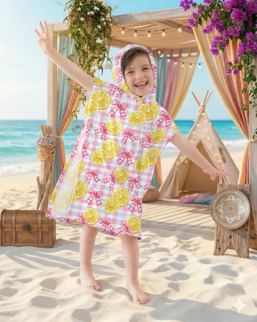 Pink Lemons Bows Checkered Bamboo Swim Poncho
