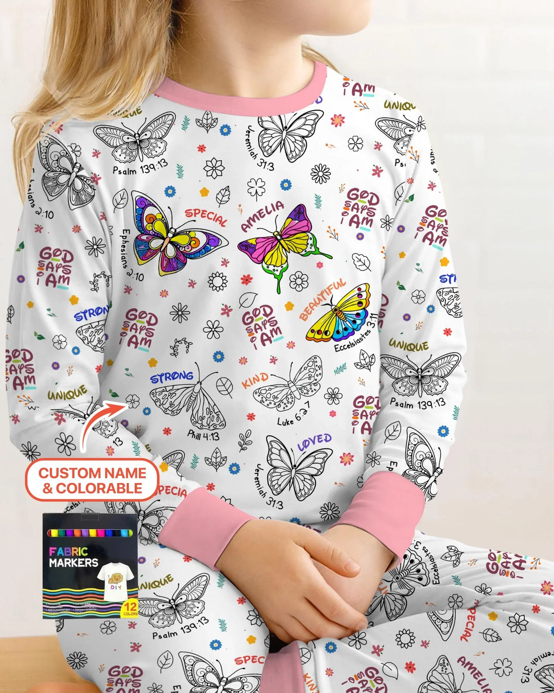 Colorable Custom Name God Says I Am Butterfly Bamboo Two Piece Long Sleeve Pajama Set