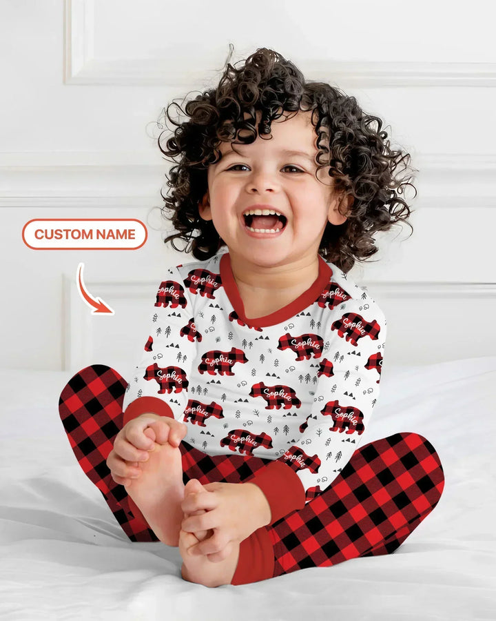 Custom Name Family Bear Matching Bamboo Two Piece Long Sleeve Pajama Set