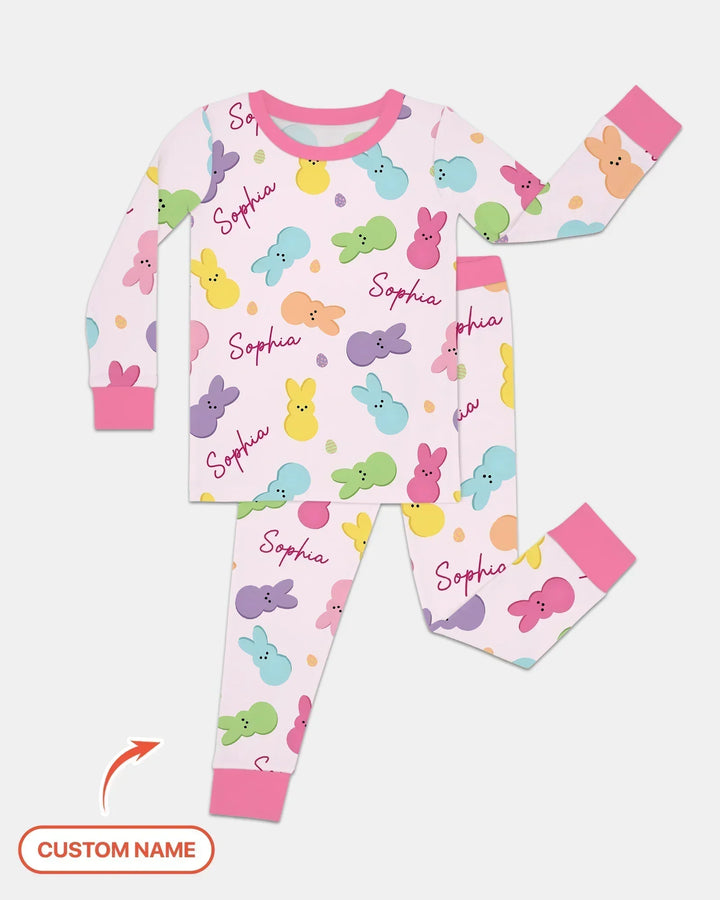 Personalized Easter Bunnies Family Matching Bamboo Two Piece Long Sleeve Pajama Set