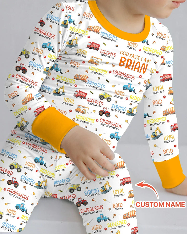 Personalized God Says I Am Little Builder Bamboo Two Piece Long Sleeve Pajama Set