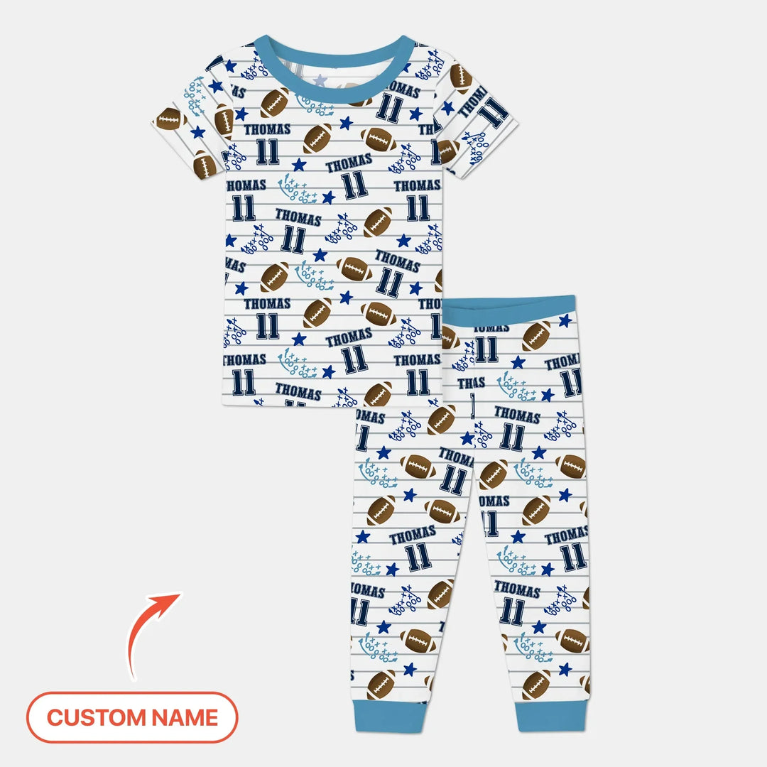 Custom Name Football Time Bamboo Two Piece Short Sleeve Pajama Set