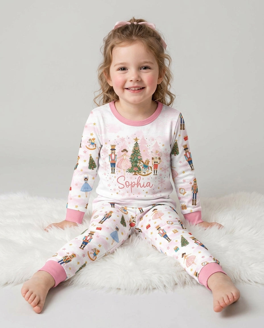 Nutcracker And Ballerina Custom Name Bamboo Two Piece Long Sleeve Pajama Set