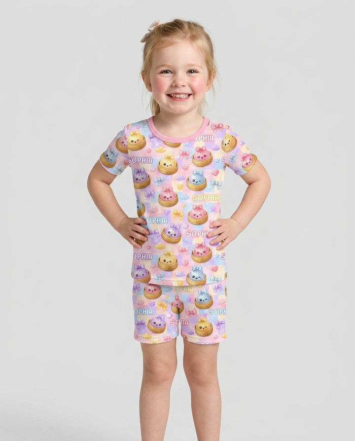 Custom Name Coquette Glitter Dumpling Bamboo Two Piece Short Sleeve Shorts Pajama Set