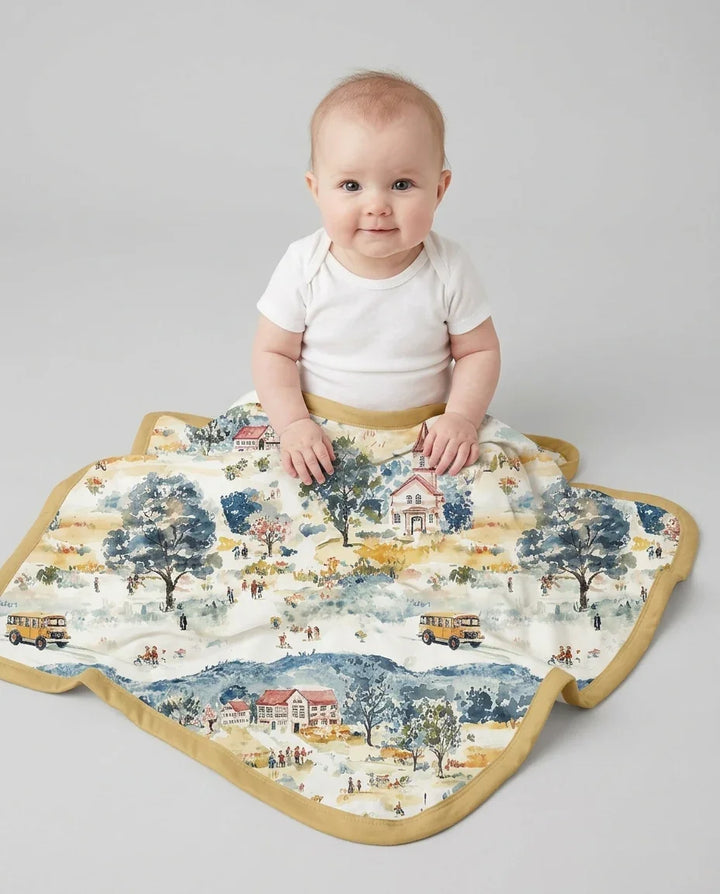 Whimsical Watercolor School Village Bamboo Blanket