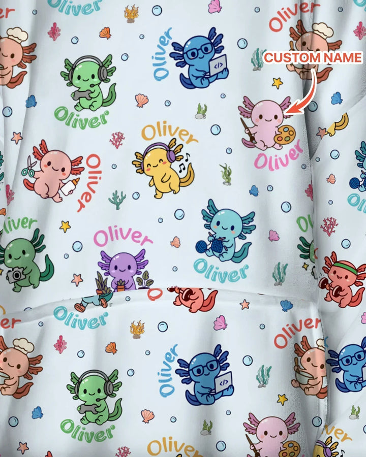 Custom Name Cute Hobby Axolotl Bamboo Blanket Hoodie