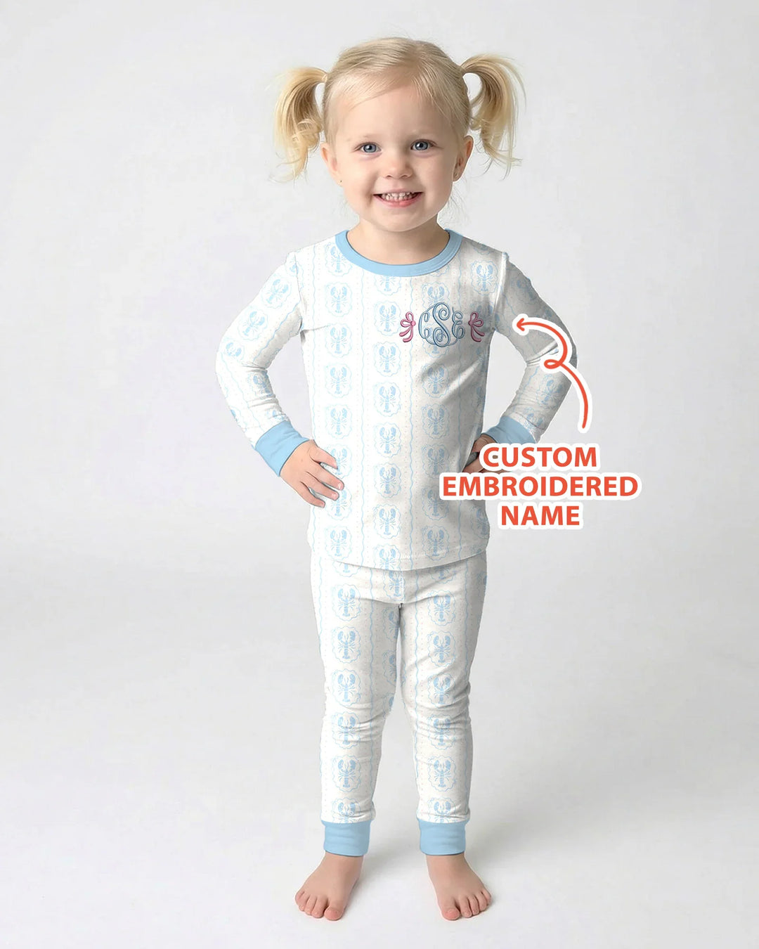 Custom Monogram Letter Embroidered Baby Bamboo Two Piece Long Sleeve Pajama Set