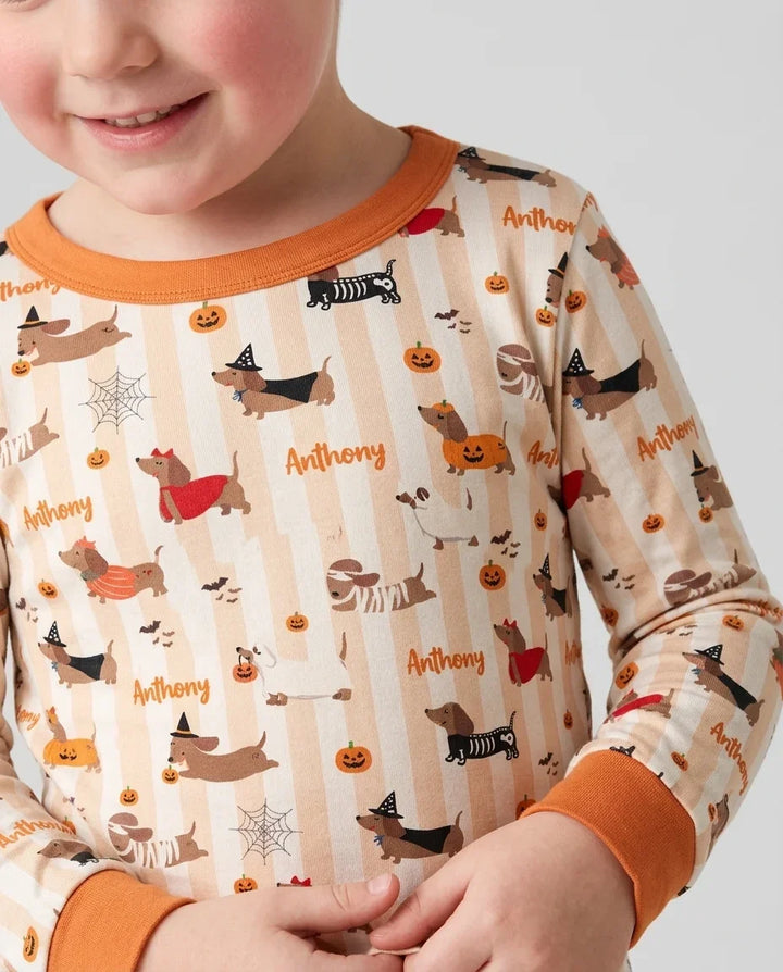 Custom Name Boo Crew Halloween Dachshund  Bamboo Two Piece Long Sleeve Pajama Set