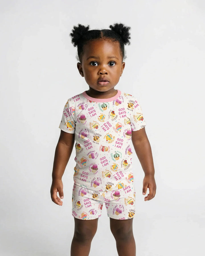 Cute Cupcake God Says I Am  Bamboo Two Piece Short Sleeve Shorts Pajama Set