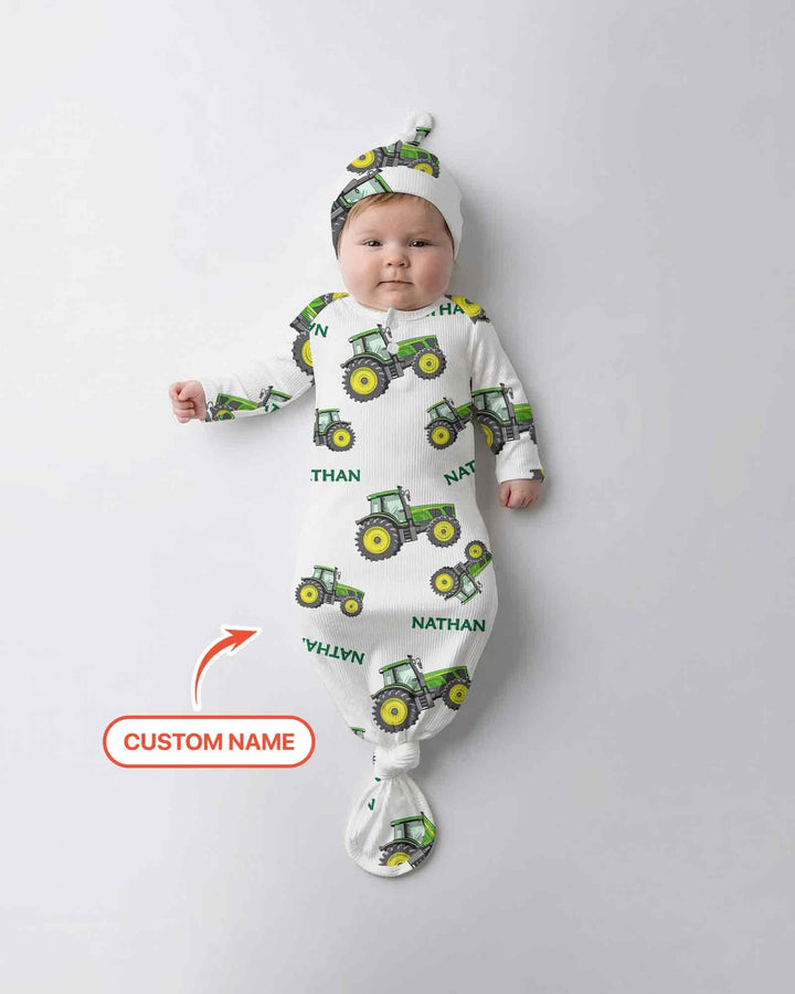 Custom Name Green Tractors Matching Daddy & Me Bamboo Knot Gown