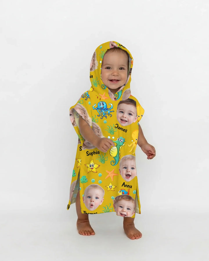 Custom Photo Cute Kid Face Watercolor Sea Creatures Summery Bamboo Swim Poncho