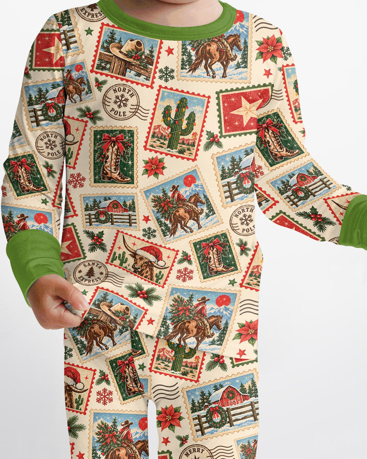 Western Christmas Stamps Bamboo Two Piece Long Sleeve Pajama Set