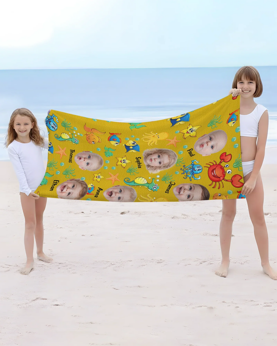 Custom Photo Cute Kid Face Watercolor Sea Creatures Summery Bamboo Beach Towel