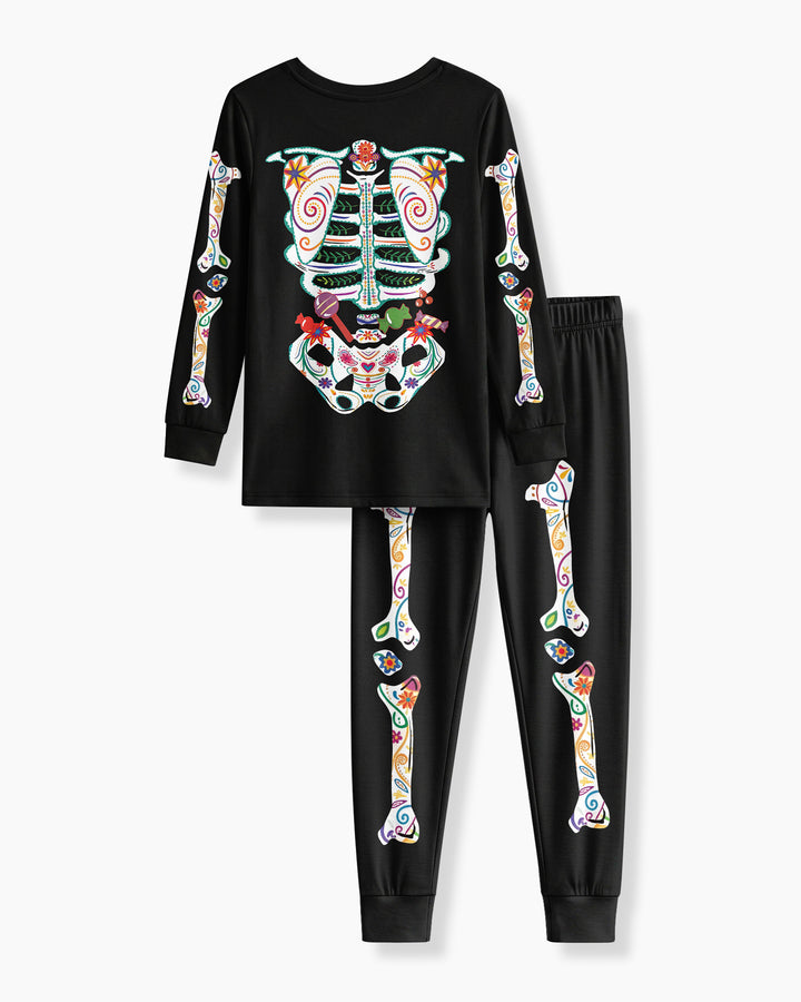 Custom Mexican Halloween Floral Skeleton Bamboo Two Piece Long Sleeve Pajama Set