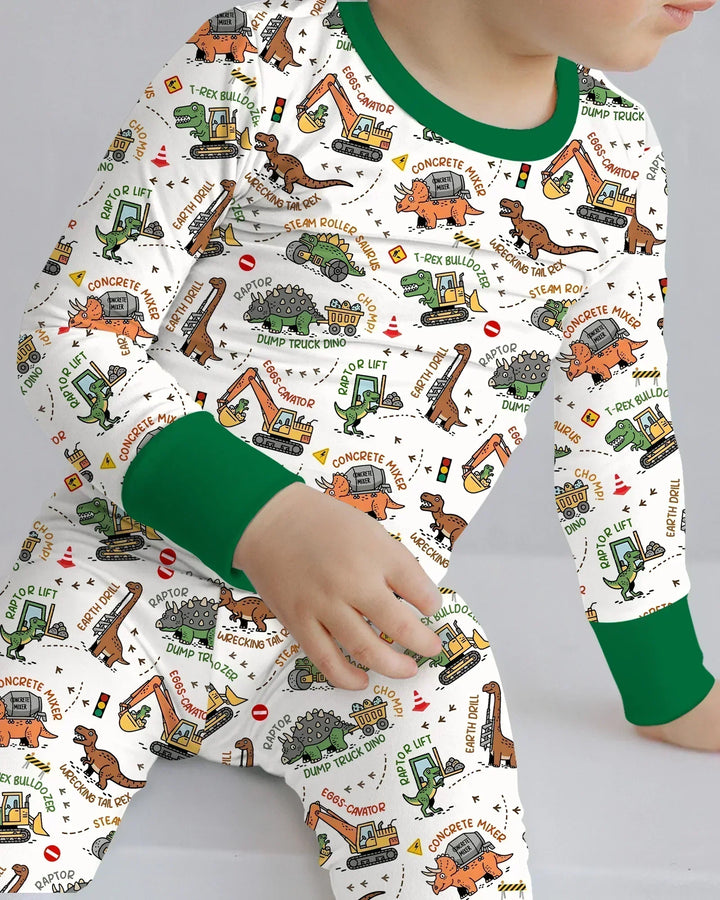 Dinosaur Construction Truck Bamboo Two Piece Long Sleeve Pajama Set