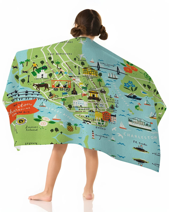 Charleston Coastal Charm Map Bamboo Beach Towel