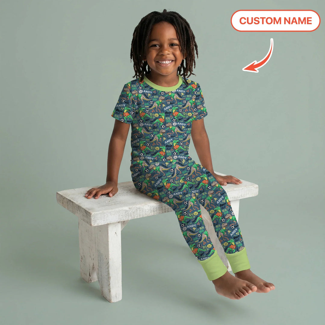 Custom Name Dino Soccer Bamboo Two Piece Short Sleeve Pajama Set