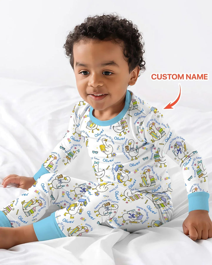 Custom Name Goose Happy 100 Days Of School Bamboo Two Piece Long Sleeve Pajama Set