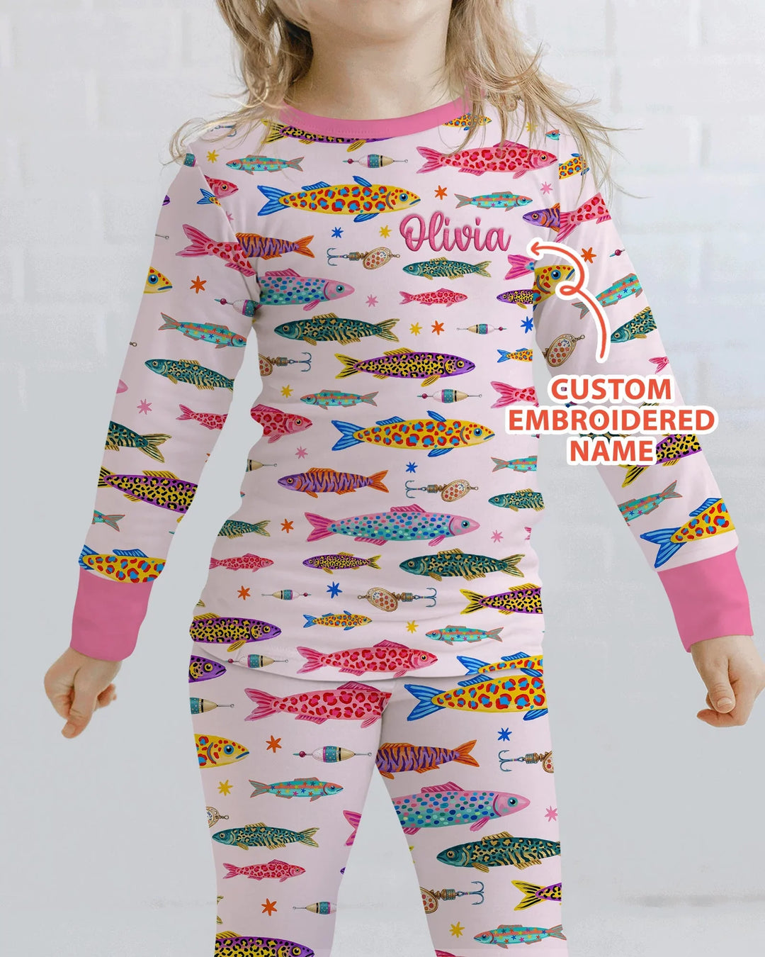 Custom Name Embroidered Colorful Fish Bamboo Two Piece Long Sleeve Pajama Set