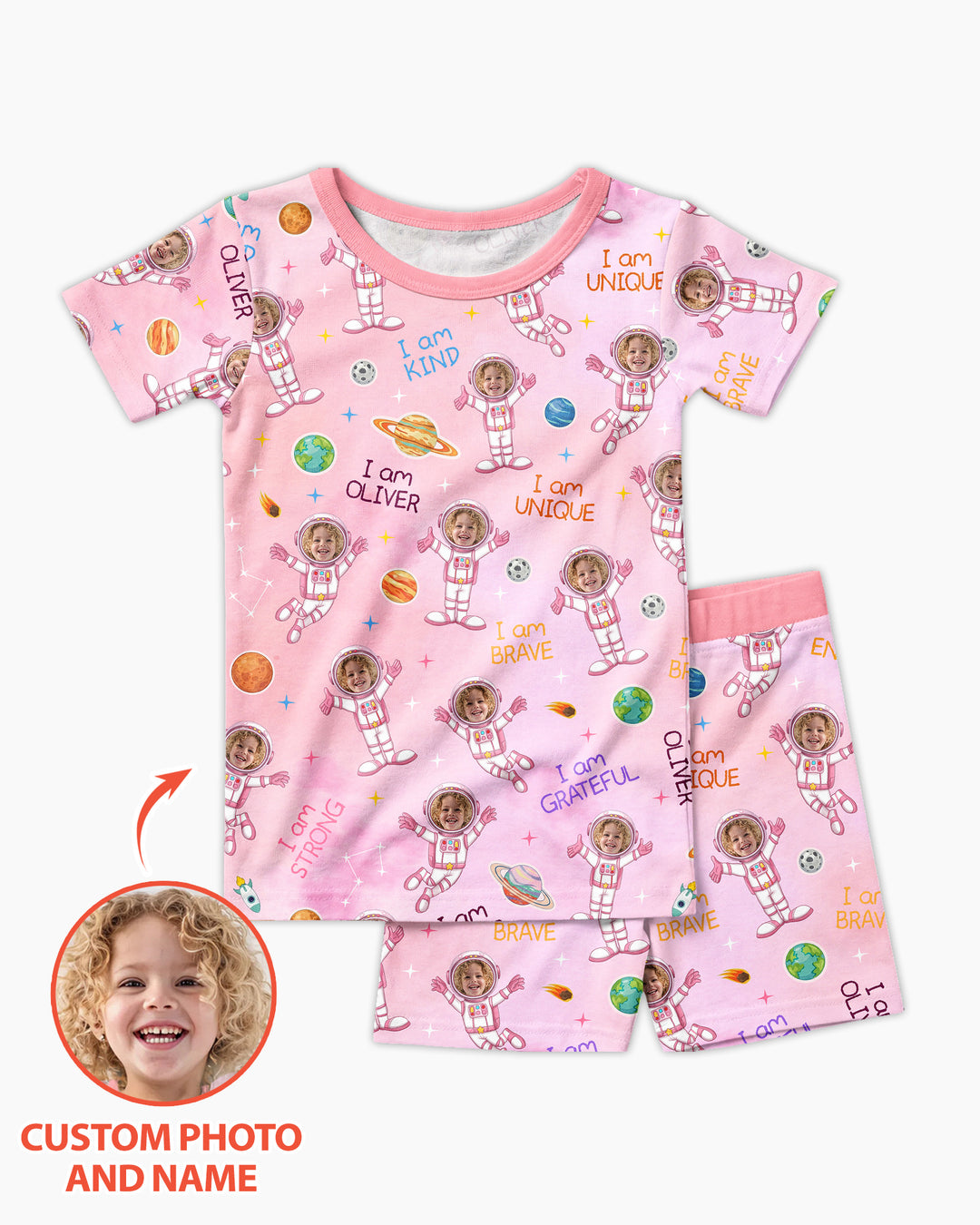 Custom Photo Kid Affirmations I Am Kind Astronaut Bamboo Two Piece Short Sleeve Pajama Set