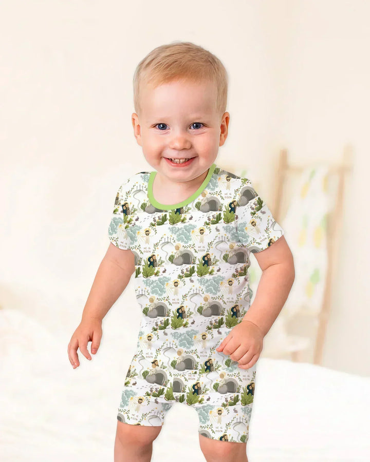 Matthew 28:1–8 He Is Risen Bamboo Two Piece Short Sleeve Shorts Pajama Set