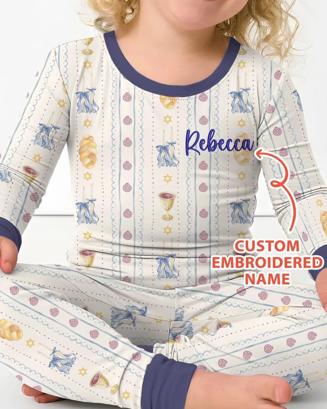 Custom Embroidered Name Shabbat Matching With Mom Bamboo Two Piece Long Sleeve Pajama Set