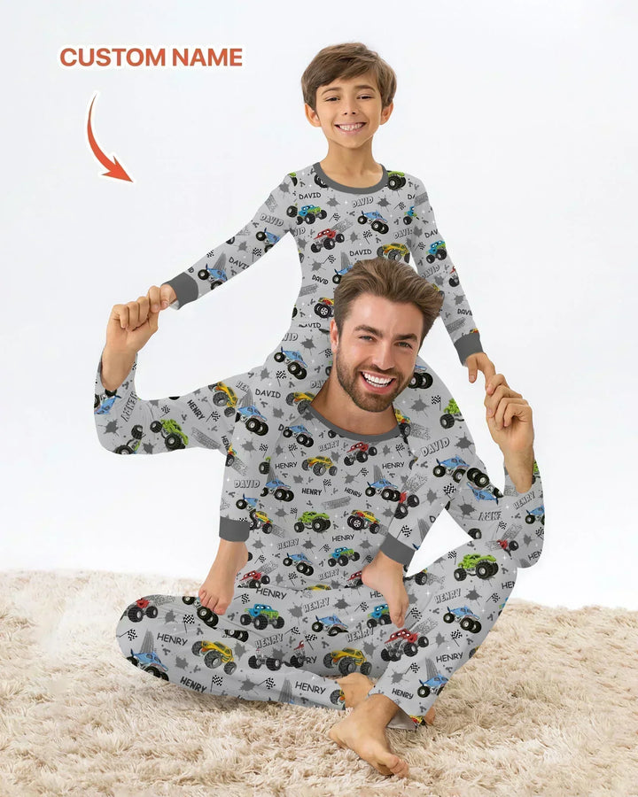 Monster Truck Dirt Jam Custom Name Daddy & Me Matching Bamboo Two Piece Long Sleeve Pajama Set