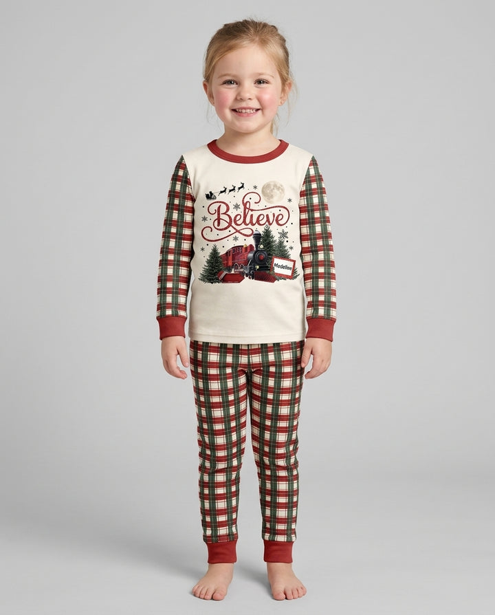 Custom Name Believe Christmas Express Bamboo Two Piece Long Sleeve Pajama Set