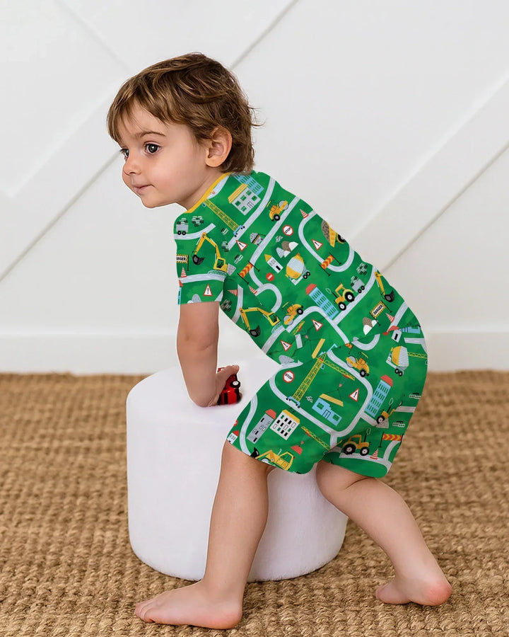Little Builder Construction Zone Bamboo Two Piece Short Sleeve Shorts Pajama Set